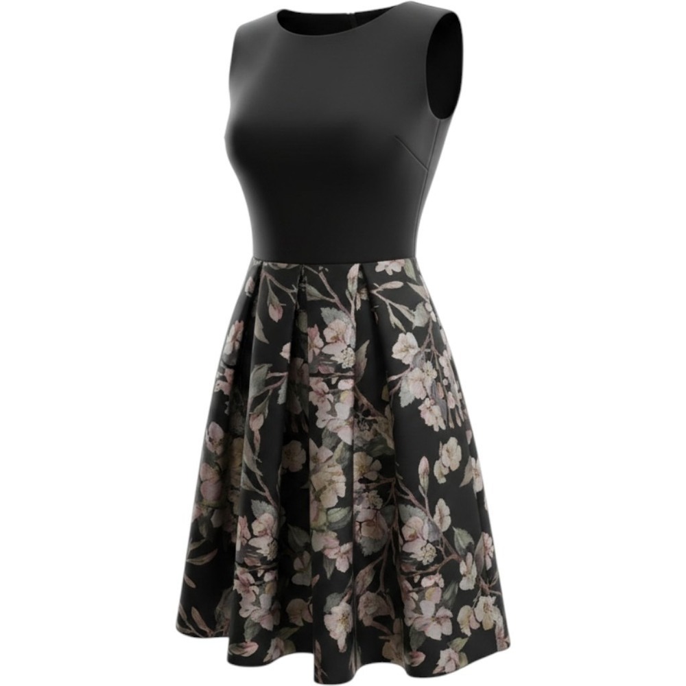 Roz & Ali Black Floral Fit and Flare Dress Petite 4P Sleeveless Pleated Skirt